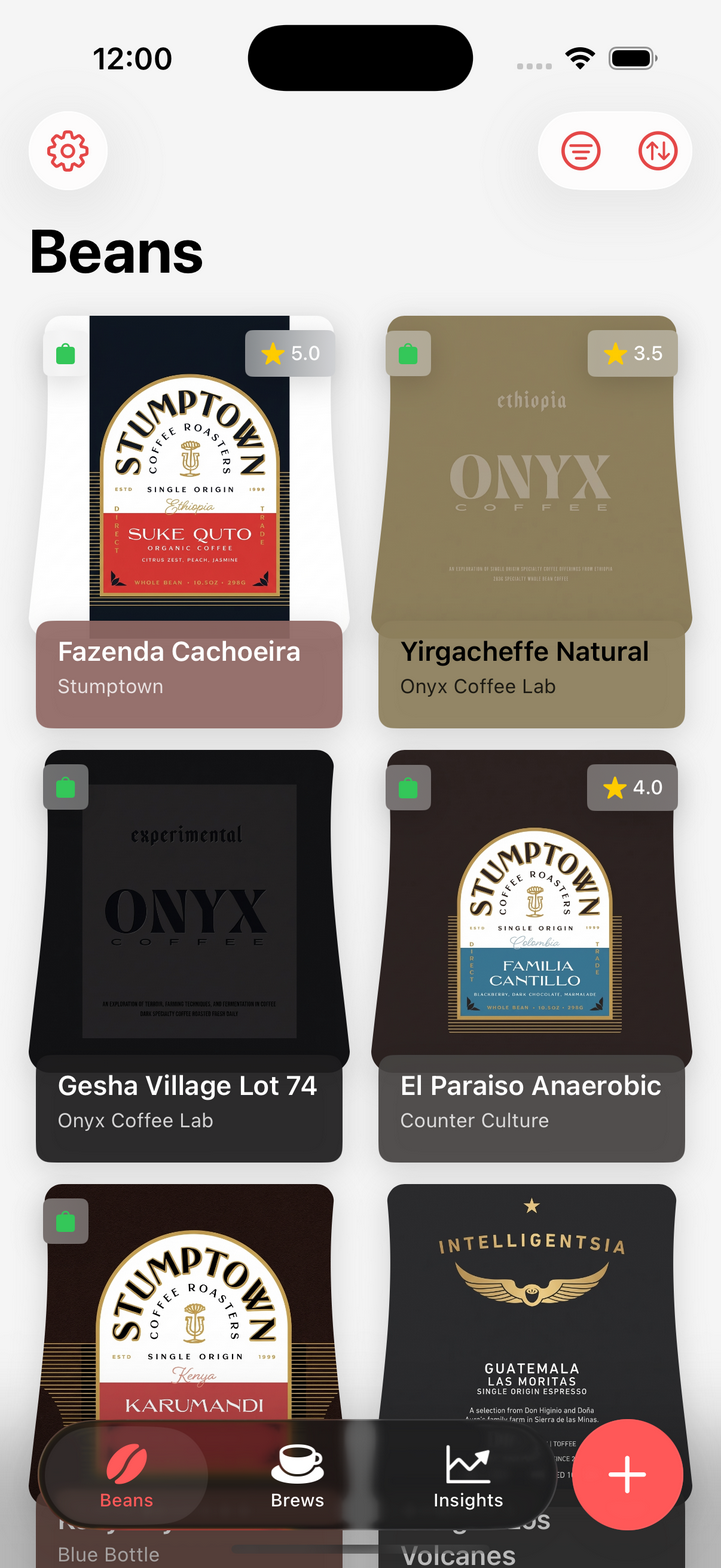 Bean collection showing Stumptown, Onyx, and Counter Culture bags