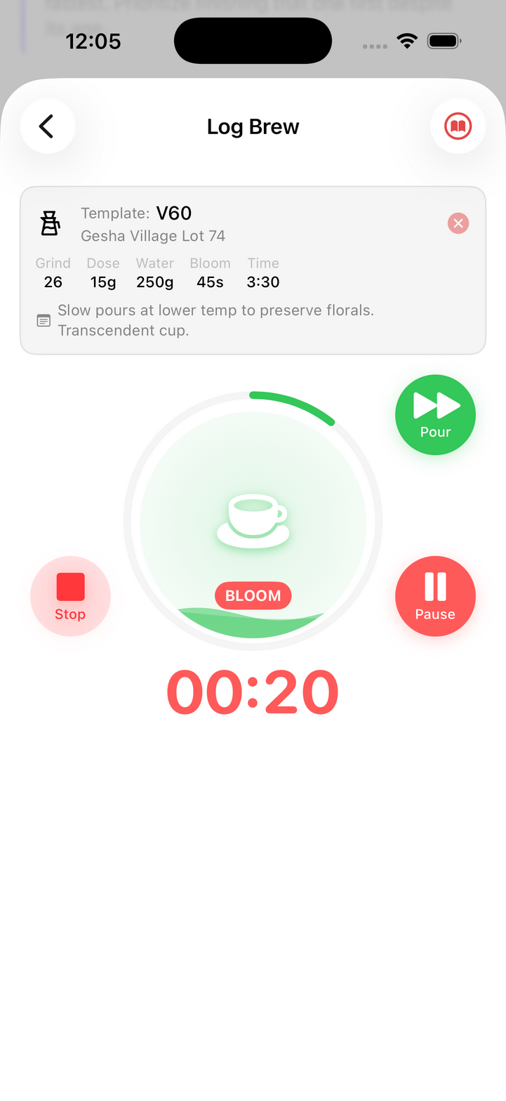 V60 guided brew timer showing bloom phase with recipe parameters