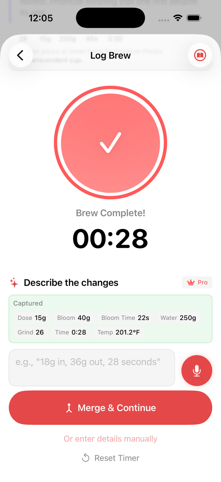 Brew complete screen showing captured dose, bloom, grind, and temperature data