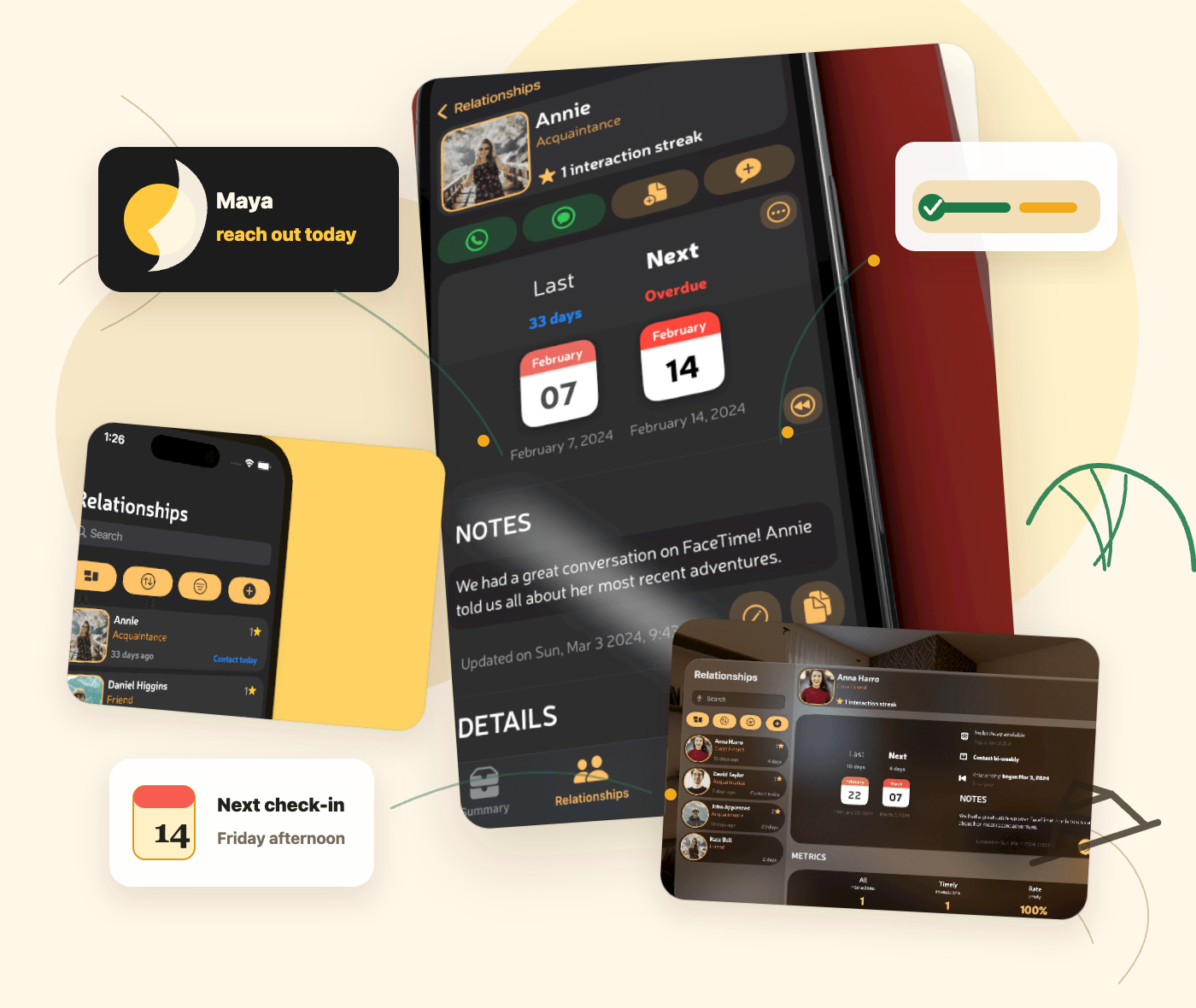 Layered Linc app screenshots with reminder cards and relationship-tracking illustrations