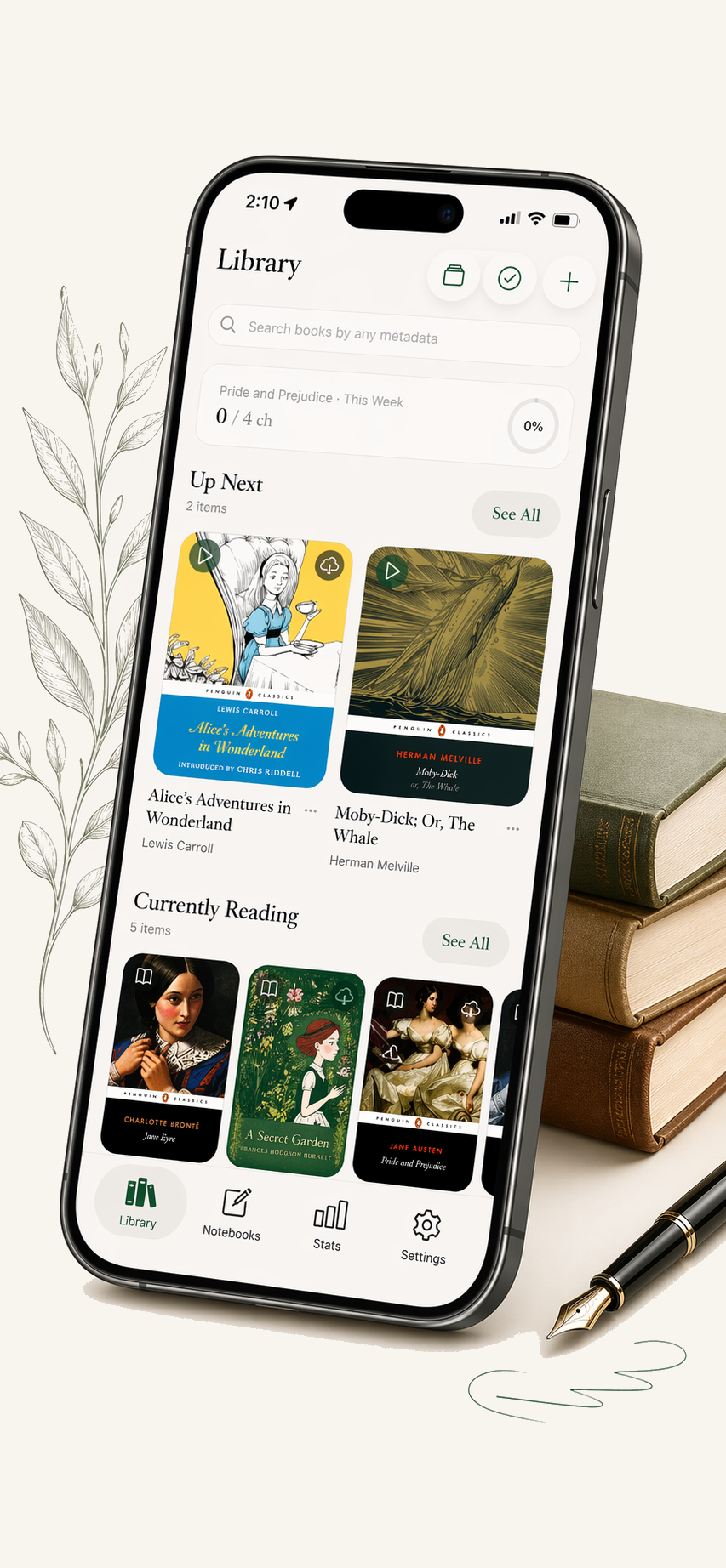 Tilted iPhone showing the Lumen library with books, progress, and reading shelves
