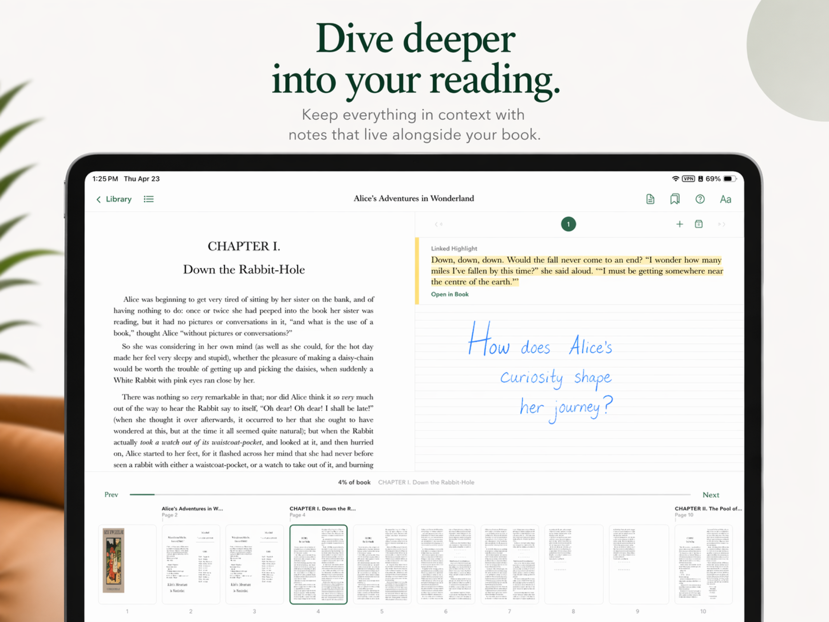 Lumen iPad split reading and notes view with highlighted Alice in Wonderland passage